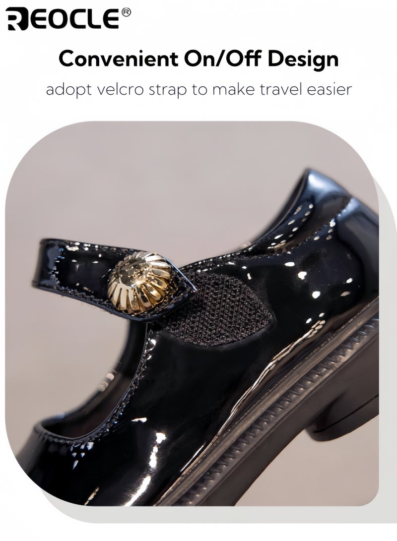 ريوكل أحذية جلدية للبنات على شكل أميرة مع لمسات لامعة وتصميم أحذية رسمية كعب للبنات مع إغلاق فيلكرو لحفلات الاحتفالات والعطلات - Image 4